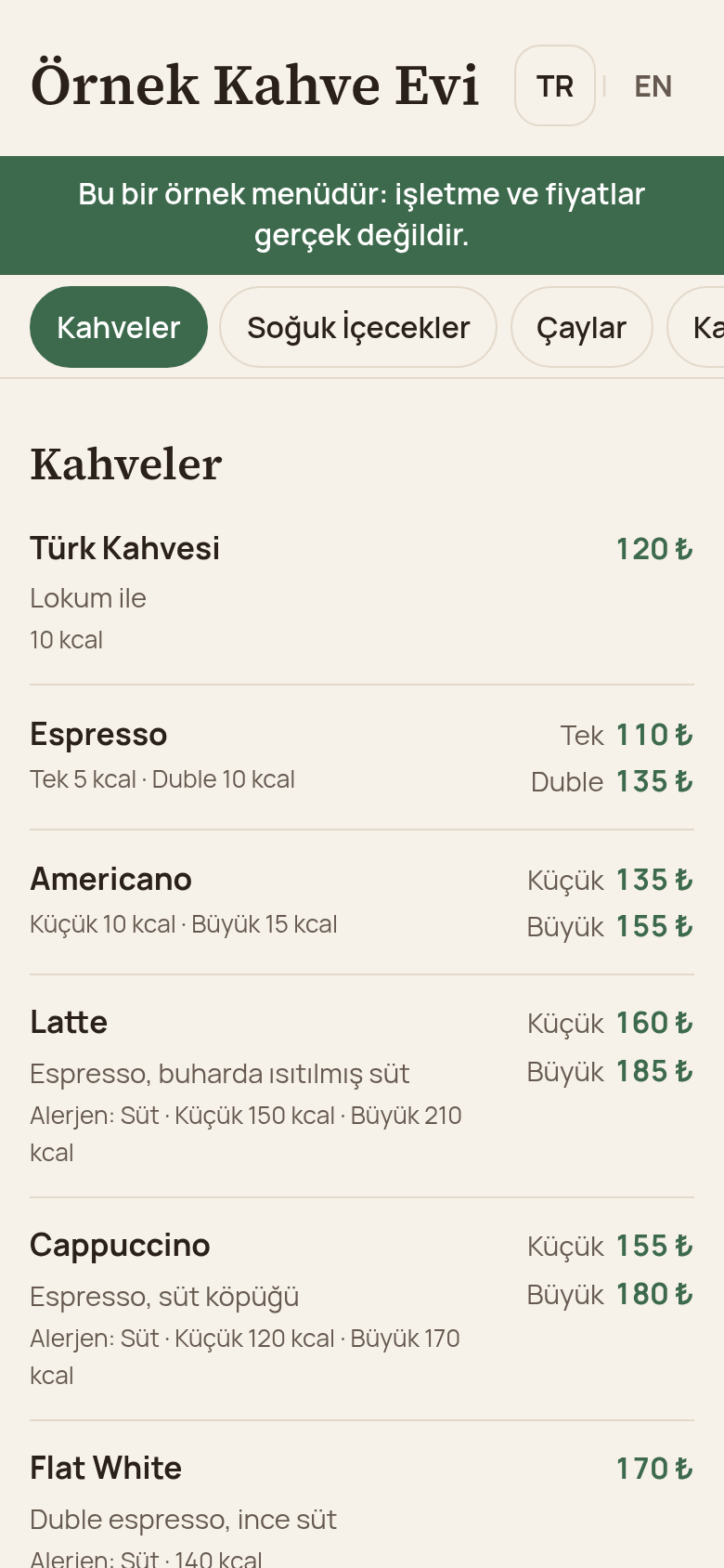 Örnek kahve evi menüsü