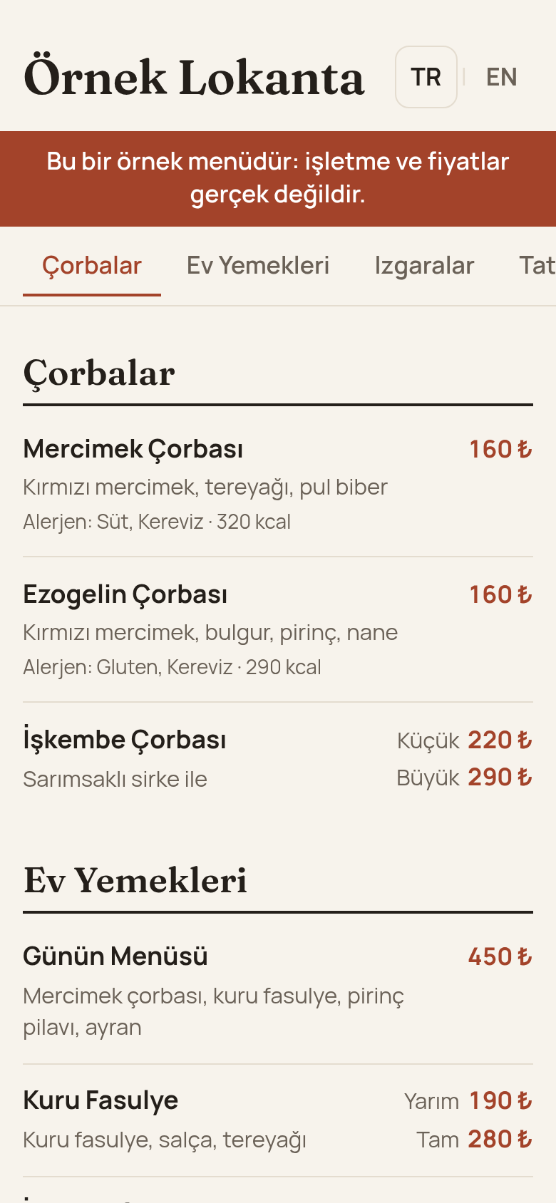 Örnek lokanta menüsü